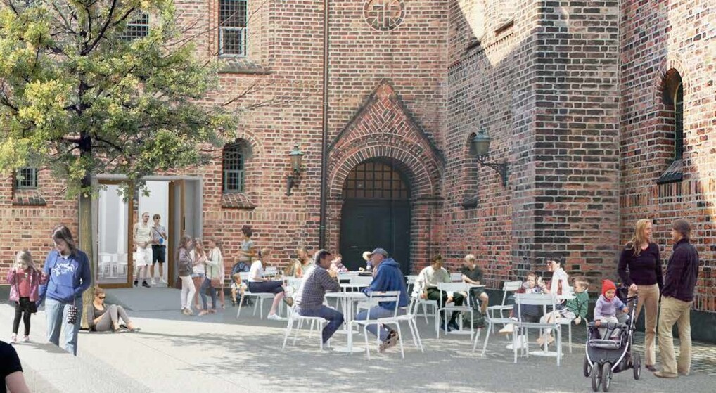 Arkitekttegning af kirke med mange mennesker samlet i cafe og udstillingsmiljø