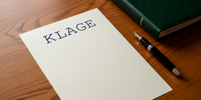 AI-genereret billede af et stykke papir med overskriften "klage" ligger på et skrivebord