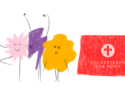 tre tegnede figurer står farverige ved siden af en rød firkant