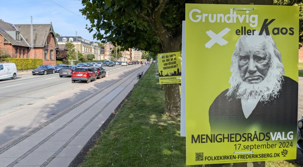 En grøn valgplakat med et billede af NFS Grundtvig hænger i et træ langs Peter Bangs Vej